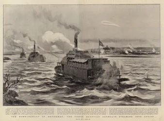 El bombardeo de Metemmeh, los tres cañoneros egipcios entrando en acción